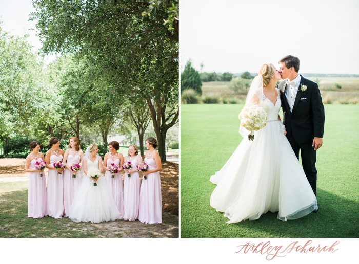 Bridesmaids in pale pink and bride and groom at Daniel Island club wedding