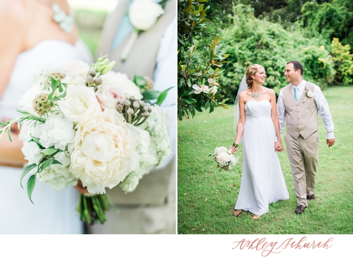 Bride and groom walking with flowers at Outdoor Charleston Wedding