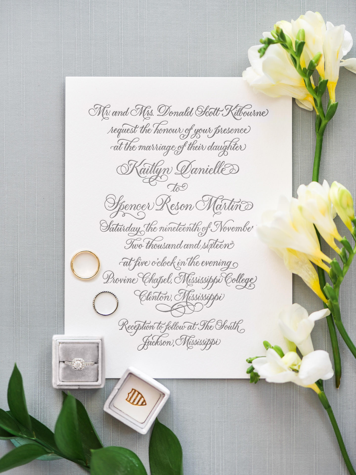 Letterpress invitation suite by Fresh Ink with flowers and engagement ring in a MRS Box